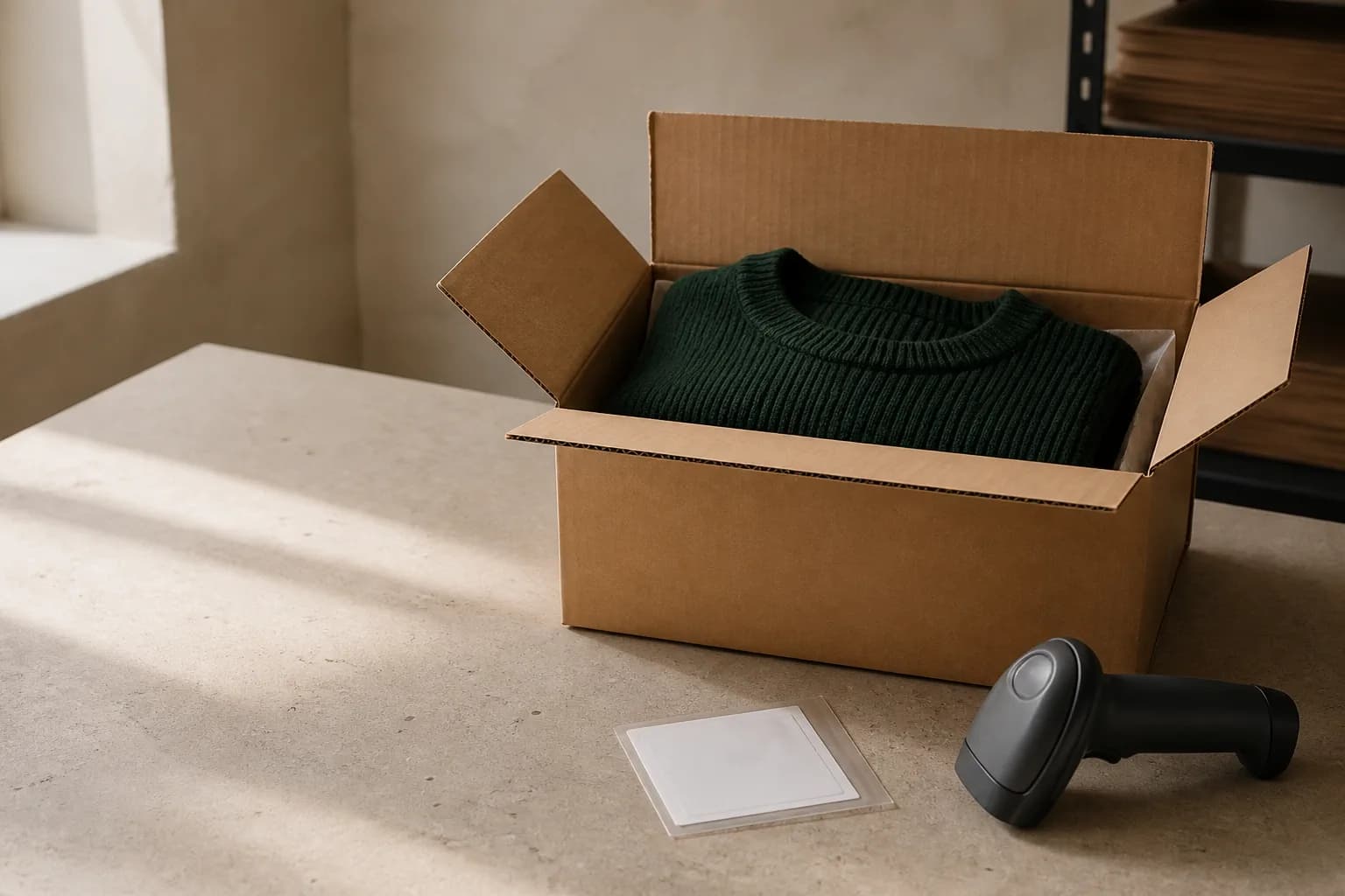 An e-commerce parcel with a dark green knit and a barcode scanner