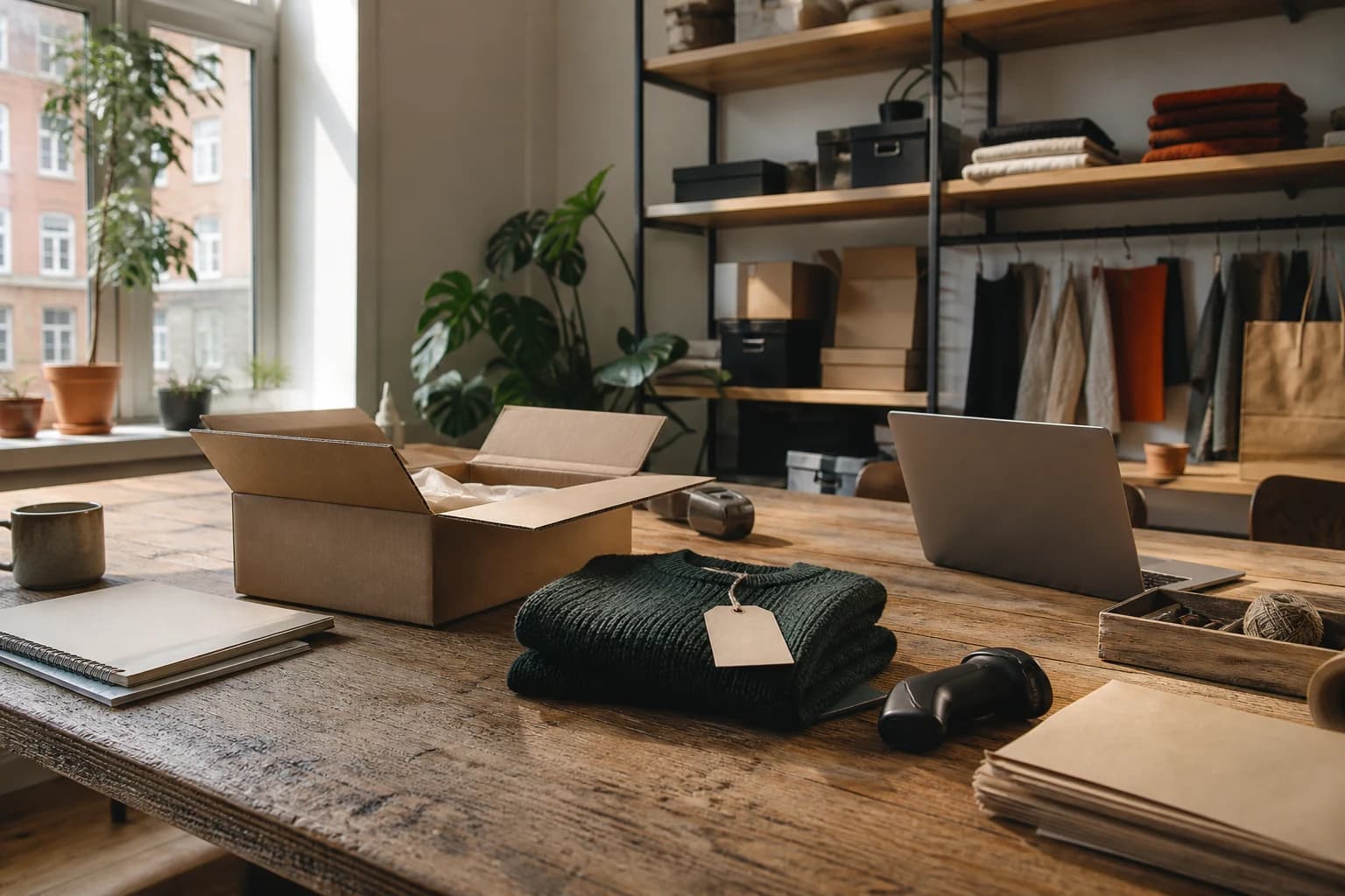 A commerce operations table with a return parcel, product sample, scanner and laptop