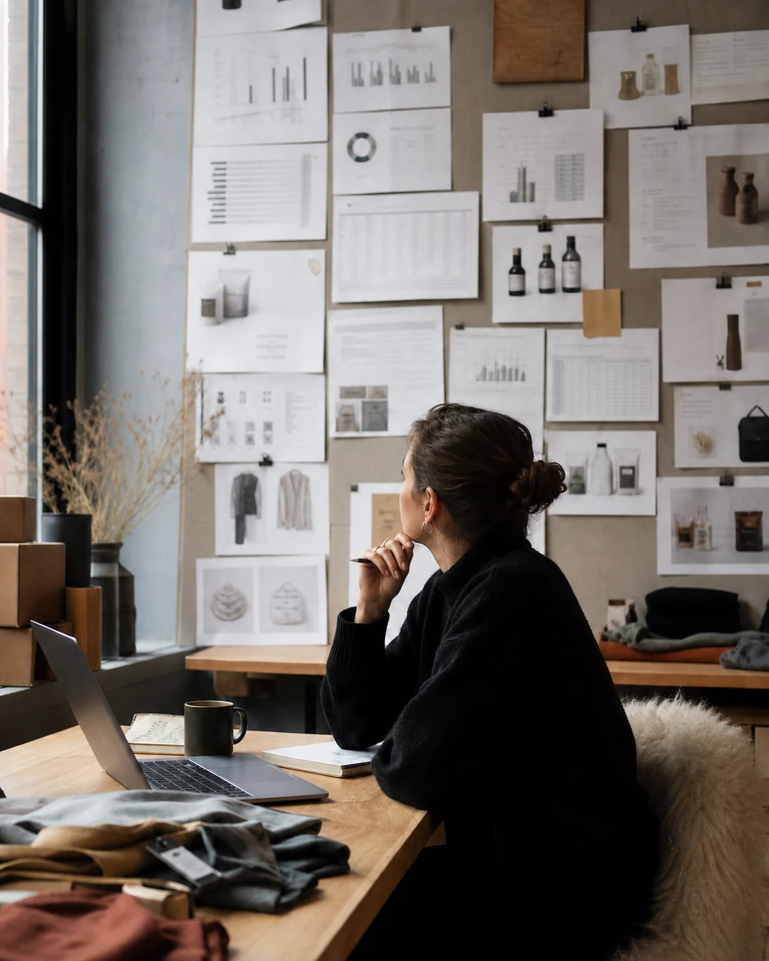 A commerce operator reviewing product and performance material in a working studio